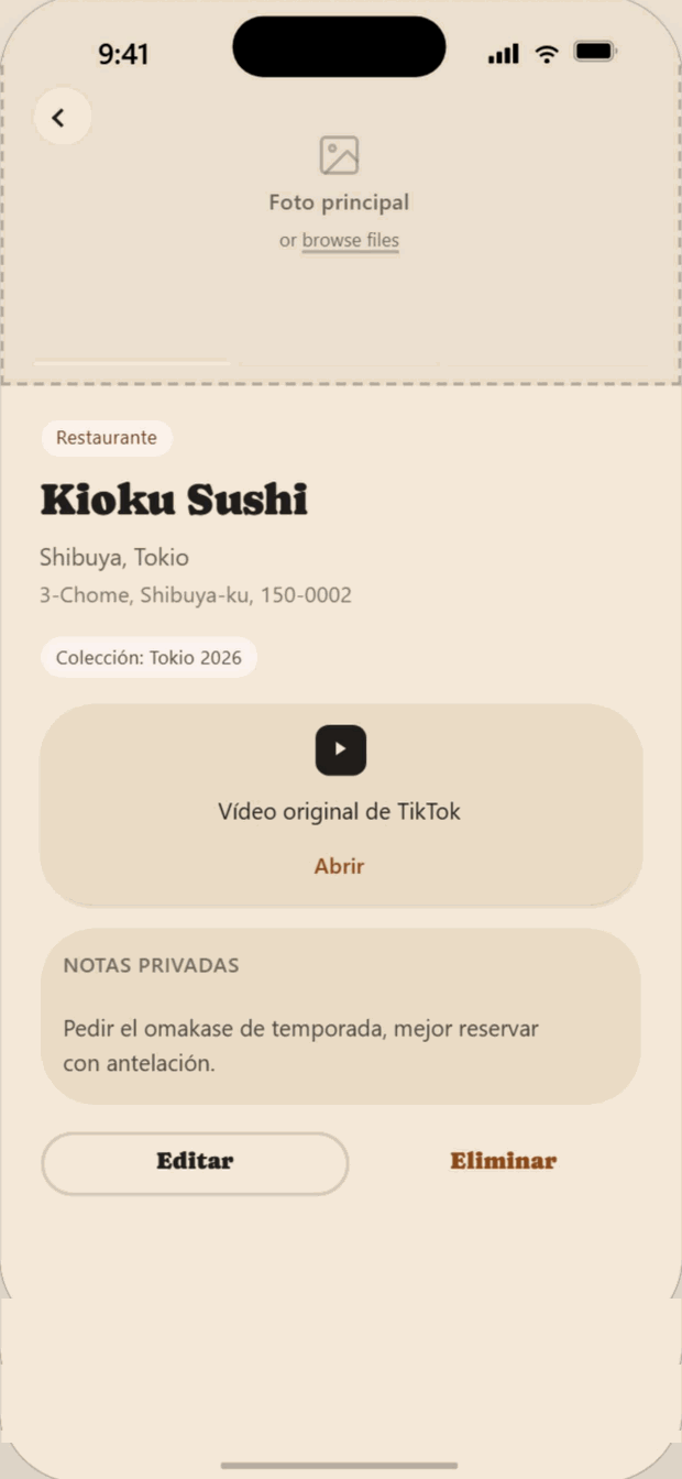 Ficha de un lugar guardado en PINNIA con su dirección, la colección a la que pertenece, el vídeo original de TikTok y un bloque de notas privadas